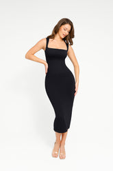 Midikleid mit quadratischem Ausschnitt - Schwarz